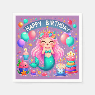 Little Girl Mermaid Birthday Party Napkins
