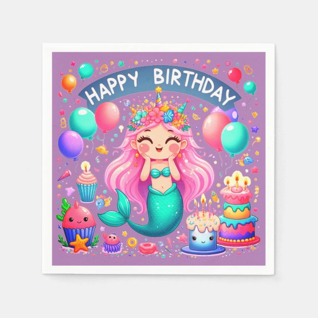 Little Girl Mermaid Birthday Party Napkins (Front)