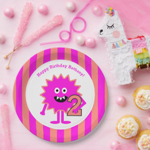 Little Girl Monster 2nd Birthday Pink Stripes Cute Paper Plate