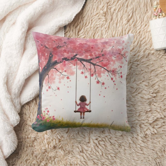 Little Girl On a Cherry Tree Swing Cushion (Blanket)