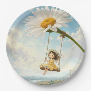 Little Girl on a Daisy Swing Paper Plate