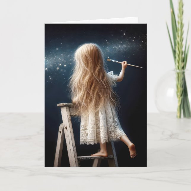Little Girl On a Ladder Painting Stars Card (Front)