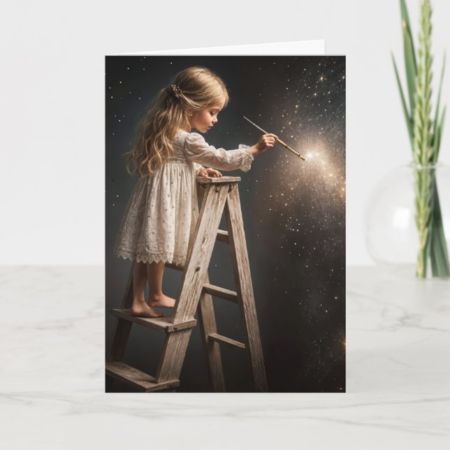 Little Girl On a Ladder Painting Stars Card (Front)