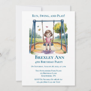 Little Girl on a Swing 4th Birthday Party Invitation