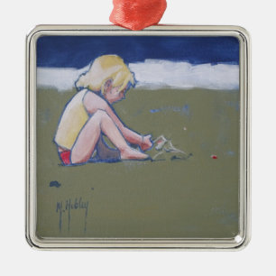 Little Girl on Beach Playing in Sand Metal Tree Decoration
