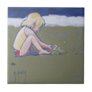 Little Girl on Beach Playing in Sand Tile