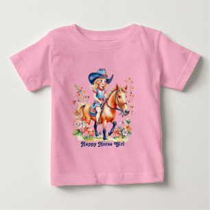 Little Girl on Horse with Flowers Happy Horse Girl Baby T-Shirt