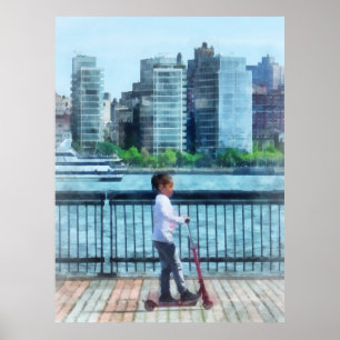 Little Girl on Scooter by Manhattan Skyline Poster