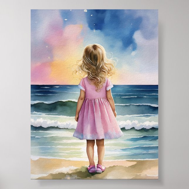 Little Girl on the Beach Watercolor Wall Art (Front)