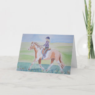 Little girl on trotting pony card