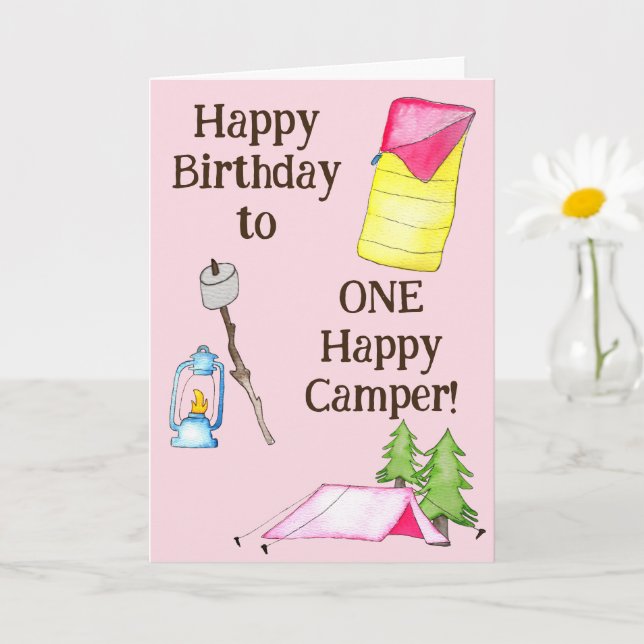 Little Girl One Happy Camper First Birthday Card (Small Plant)