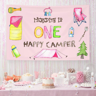 Little Girl One Happy Camper First Birthday Party Banner