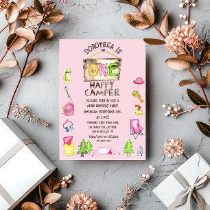 Little Girl One Happy Camper First Birthday Party Invitation