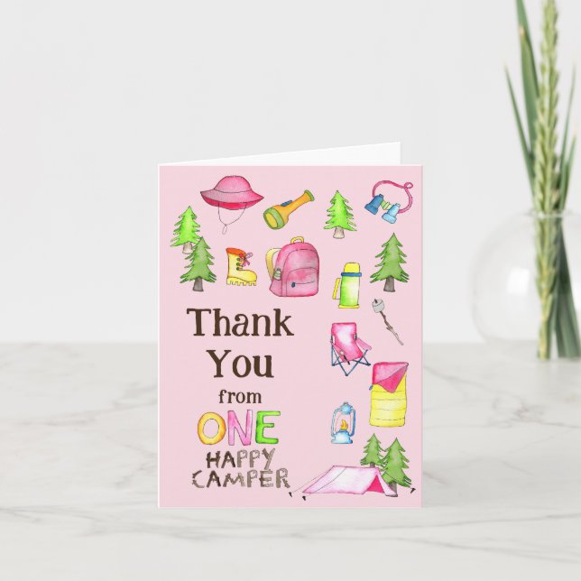Little Girl One Happy Camper First Birthday Party Thank You Card (Front)
