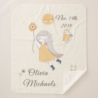 Little Girl Owl Rabbit Personalised Date and Name Sherpa Blanket