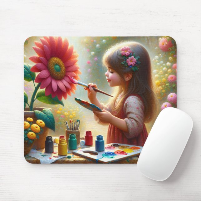 Little Girl Painting a Flower Mouse Mat (With Mouse)