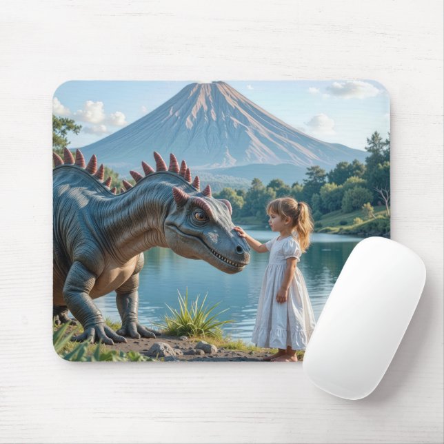 Little Girl Petting a Dinosaur Mouse Mat (With Mouse)