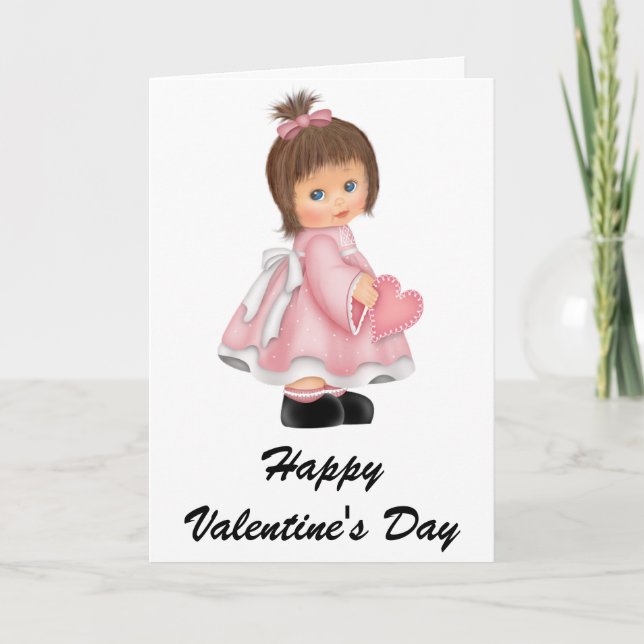 Little Girl Pink Dress Happy Valentine's Day Card (Front)
