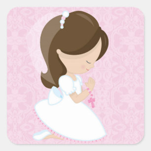 Little Girl, Pink, First Communion Square Sticker