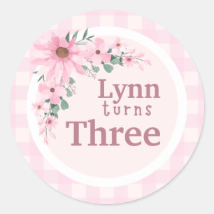 little girl Pink Floral Birthday custom age name Classic Round Sticker
