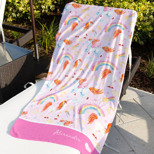 Little Girl Pink Unicorn Pattern with First Name Beach Towel