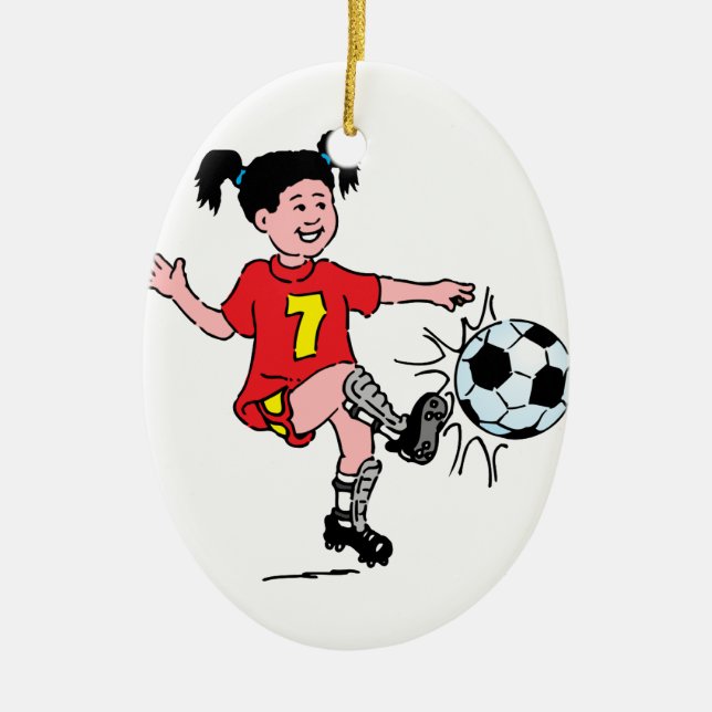 Little Girl Playing Soccer Ceramic Tree Decoration (Front)