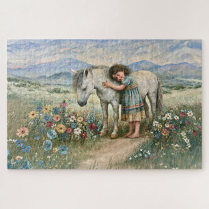 Little Girl Pony Wildflowers Mountains Meadow Jigsaw Puzzle