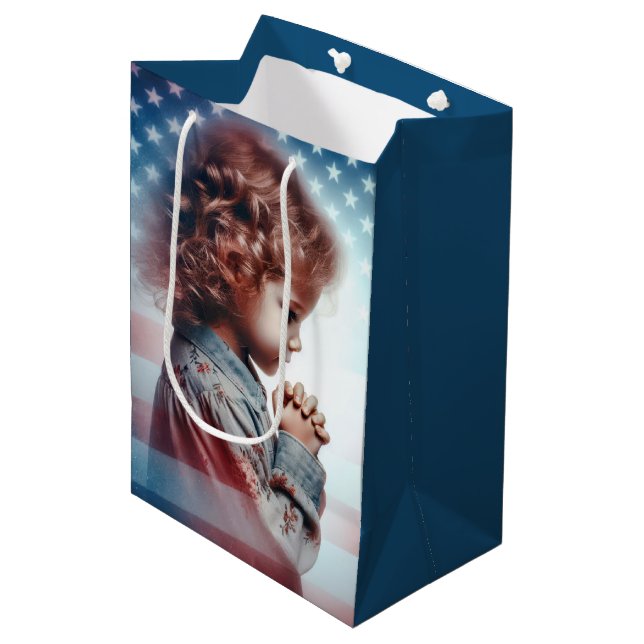 Little Girl Praying With American Flag Medium Gift Bag (Front Angled)