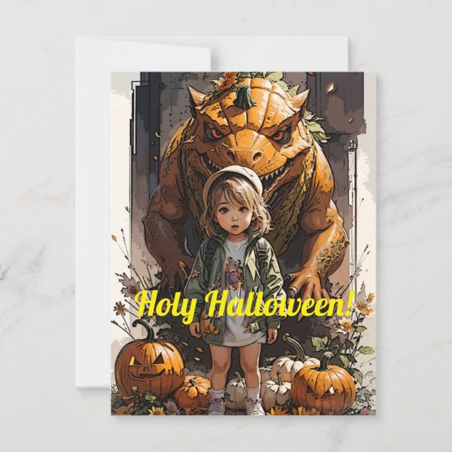 Little Girl Pumpkin Goblin Dinosaur Holiday Card (Front)