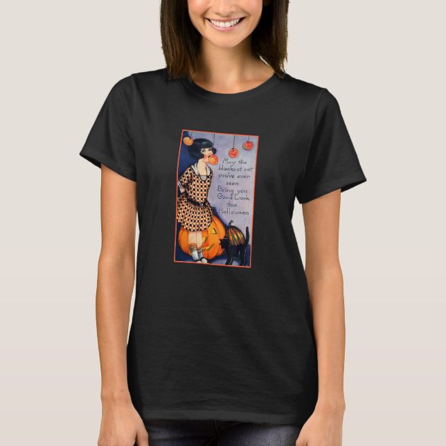 Little Girl Pumpkins Black Cat Hanging Apples Jack T-Shirt (Front)