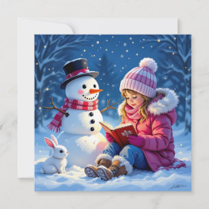 Little Girl Reading a Story to a Snowman Christmas Holiday Card