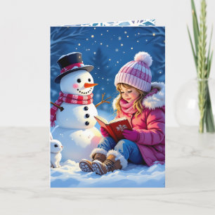 Little Girl Reading a Story to a Snowman Christmas Holiday Card