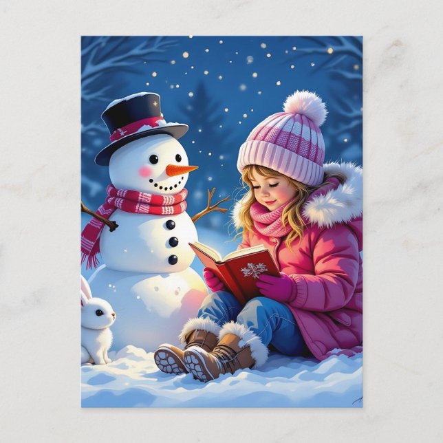 Little Girl Reading a Story to a Snowman Christmas Holiday Postcard (Front)