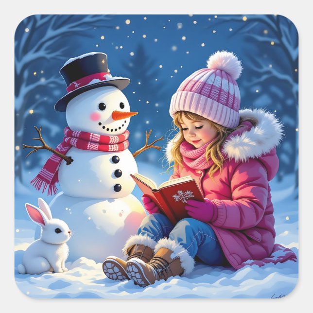 Little Girl Reading a Story to a Snowman Christmas Square Sticker (Front)