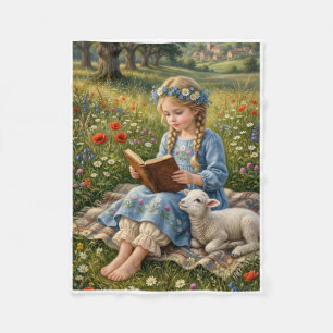 Little Girl Reading Book In Daisy Garden Spring Fl Fleece Blanket