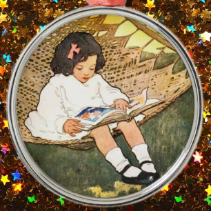 Little Girl reading in a hammock Metal Tree Decoration