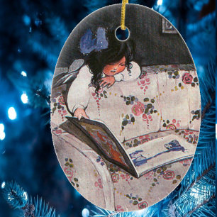 Little Girl reading over sofa Ceramic Tree Decoration