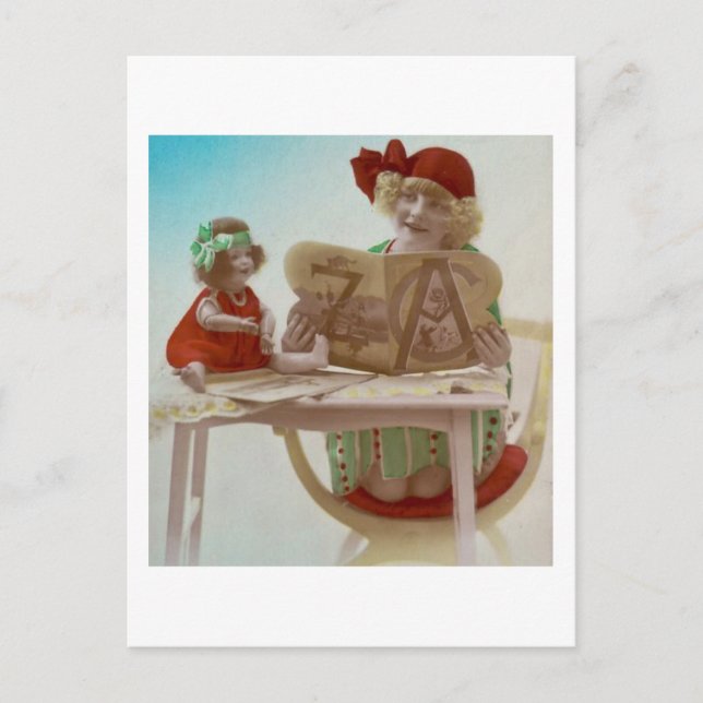 Little Girl Reading to Her Dollie - Vintage Card (Front)