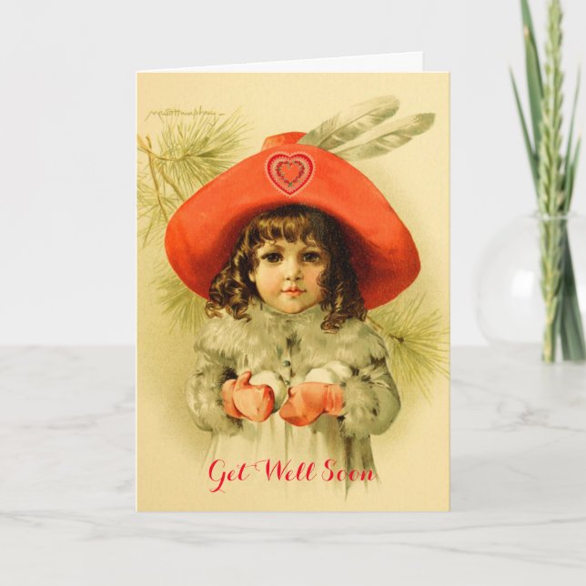 Little Girl,Red Hat and Snowballs Get Well Soon Card (Front)