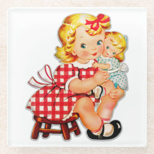 Little girl retro vintage doll child glass coaster