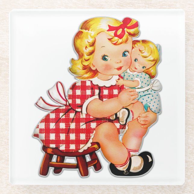 Little girl retro vintage doll child glass coaster (Front)