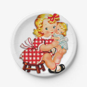 Little girl retro vintage doll child paper plate