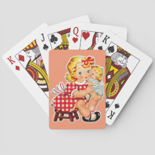 Little girl retro vintage doll child playing cards