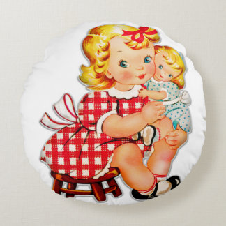 Little girl retro vintage doll child round cushion