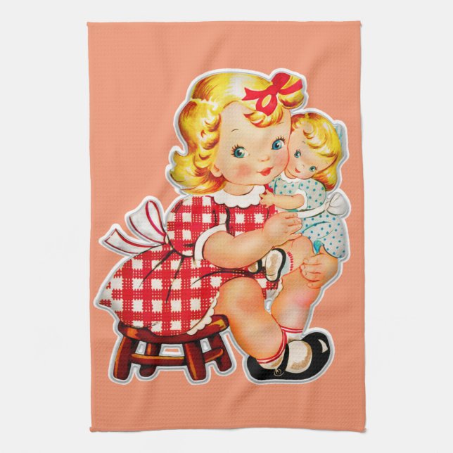 Little girl retro vintage doll child tea towel (Vertical)