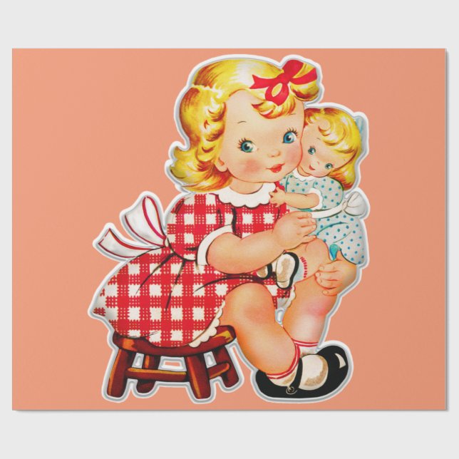 Little girl retro vintage doll child wrapping paper (Flat)