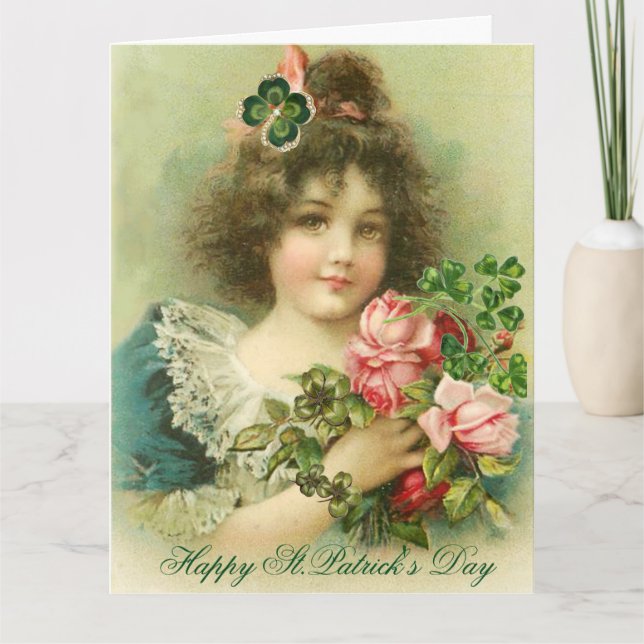 Little Girl Roses and Shamrocks St.Patrick's Day Card (Front)