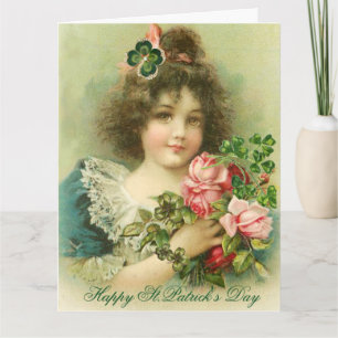 Little Girl Roses and Shamrocks St.Patrick's Day Card
