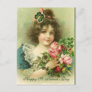 Little Girl Roses and Shamrocks St.Patrick's Day Postcard