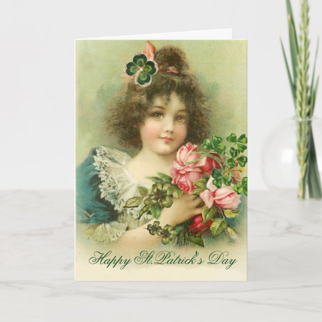 Little Girl Roses ,Shamrocks /Old Irish Blessing Holiday Card (Front)
